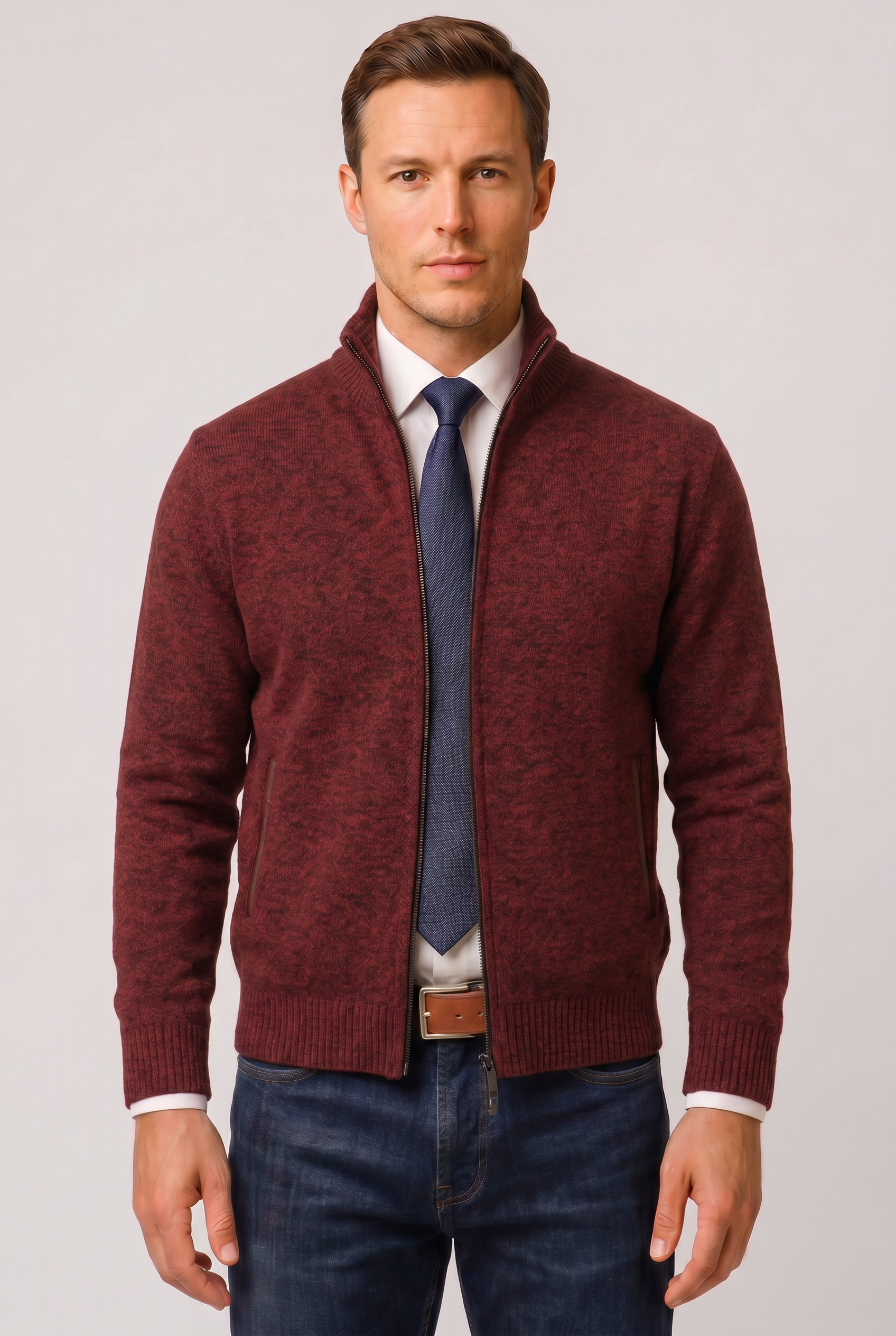 Men's Zip-Up Cardigan Knitted Beige Stand Collar – Casual, Office · Werune