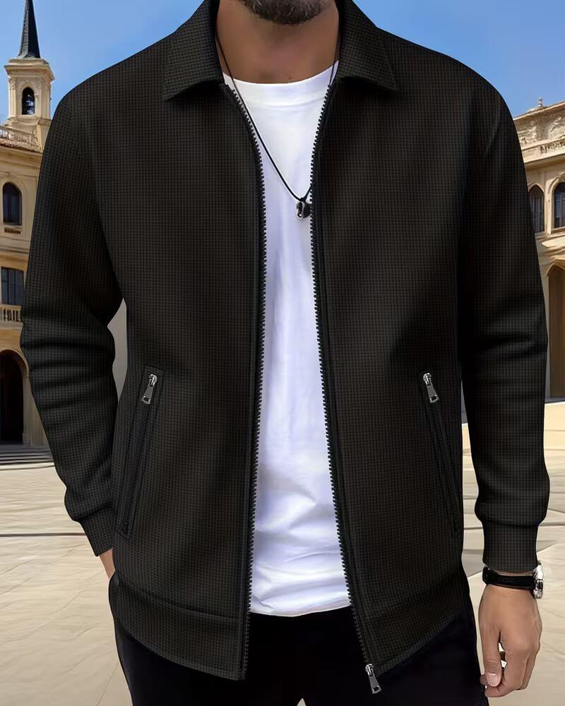 Men's Zip-Up Jacket Textured Waffle Knit Beige Lapel Collar – Casual, Office, Everyday Smart Layering