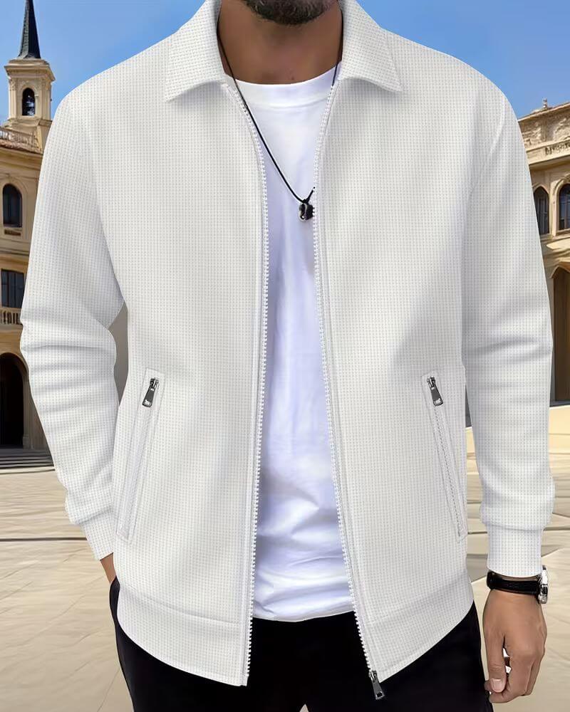Men's Zip-Up Jacket Textured Waffle Knit Beige Lapel Collar – Casual, Office, Everyday Smart Layering