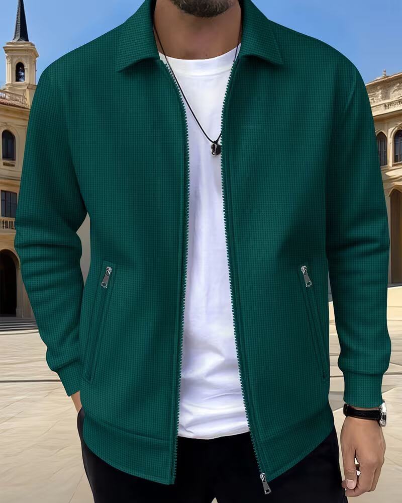 Men's Zip-Up Jacket Textured Waffle Knit Beige Lapel Collar – Casual, Office, Everyday Smart Layering