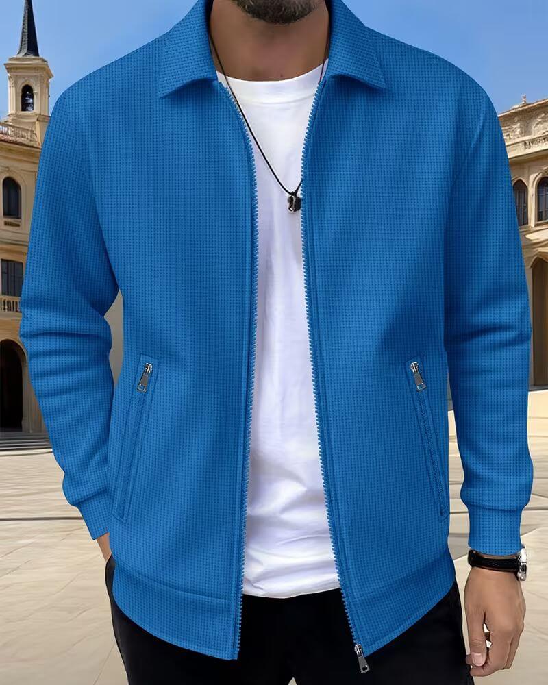 Men's Zip-Up Jacket Textured Waffle Knit Beige Lapel Collar – Casual, Office, Everyday Smart Layering