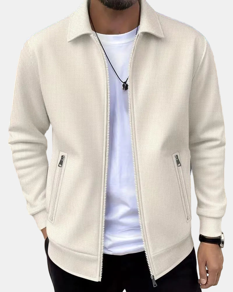 Men's Zip-Up Jacket Textured Waffle Knit Beige Lapel Collar – Casual, Office, Everyday Smart Layering
