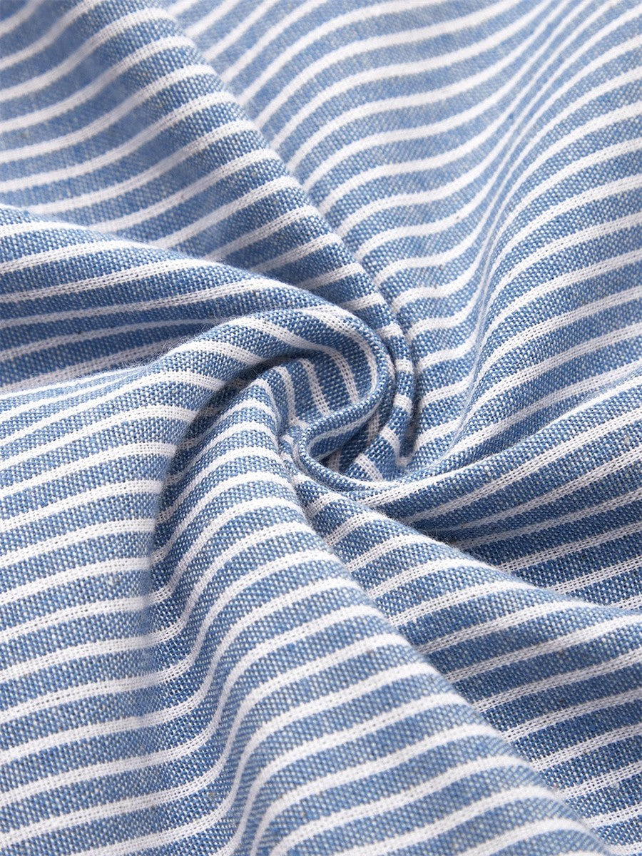 Midi Dress Blue Striped Short Sleeve Women's with Side Pockets Buttons – Casual, Office Everyday Wear