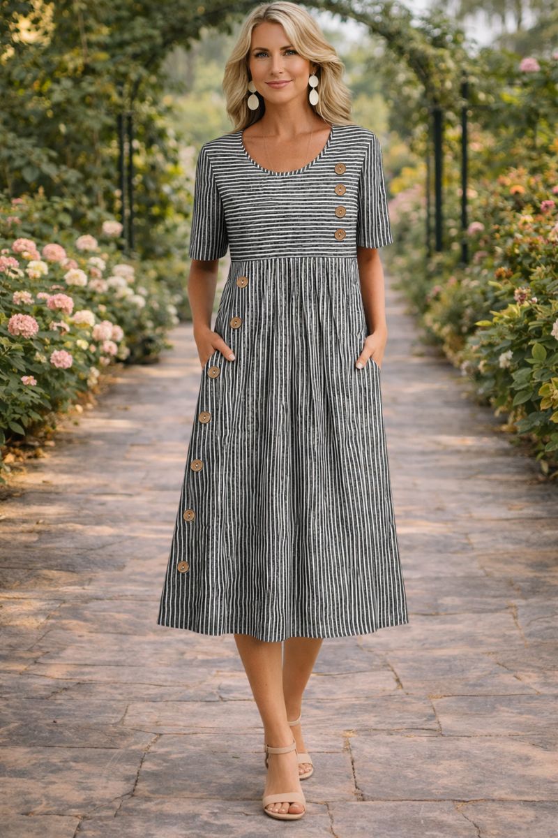 Midi Dress Blue Striped Short Sleeve Women's with Side Pockets Buttons – Casual, Office Everyday Wear
