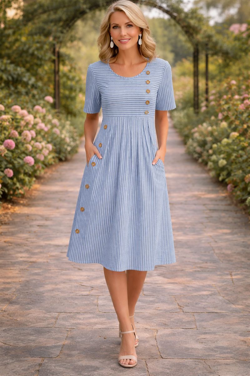 Midi Dress Blue Striped Short Sleeve Women's with Side Pockets Buttons – Casual, Office Everyday Wear