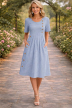 Midi Dress Blue Striped Short Sleeve Women's with Side Pockets Buttons – Casual, Office Everyday Wear