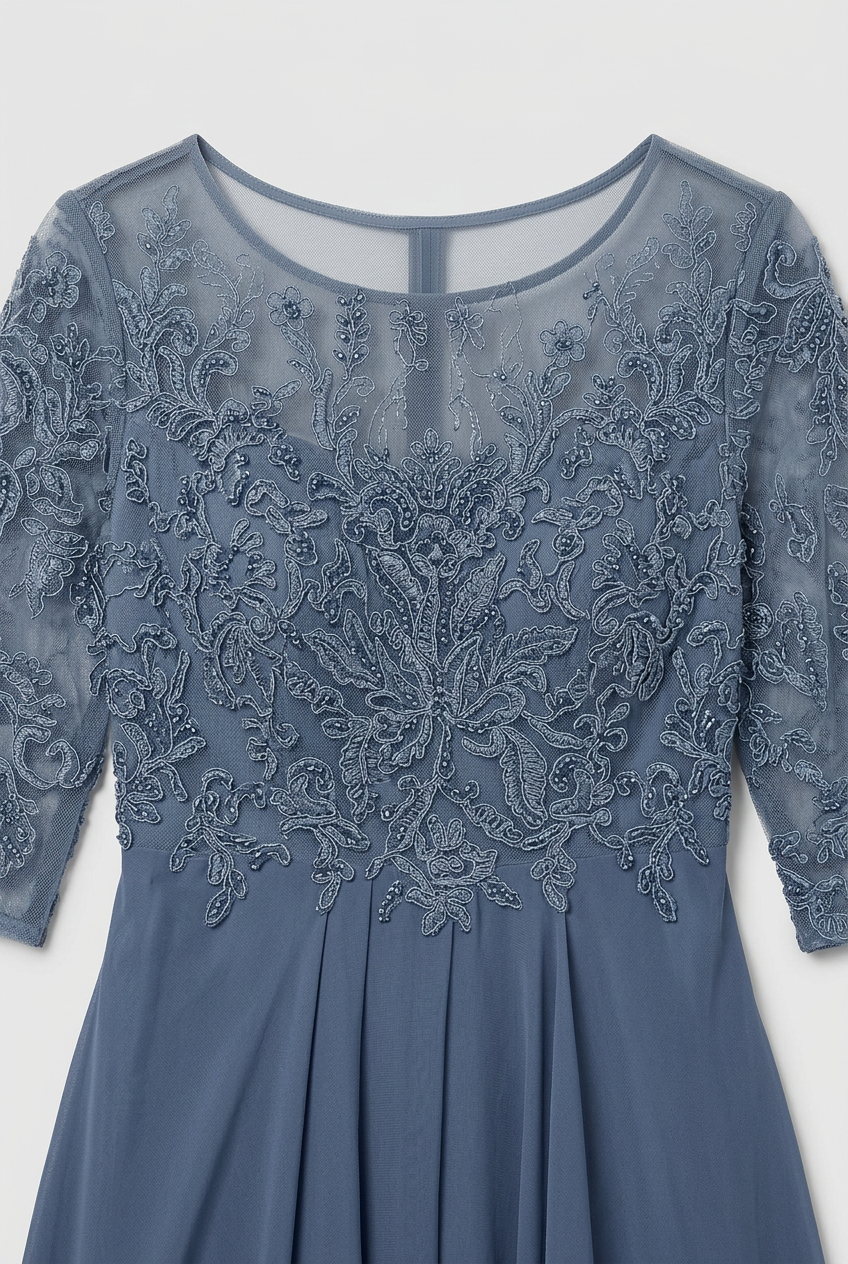 Midi Dress Dusty Blue Lace Bodice Chiffon Women's – Wedding Guest, Occasion Formalwear