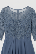 Midi Dress Dusty Blue Lace Bodice Chiffon Women's – Wedding Guest, Occasion Formalwear
