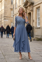 Midi Dress Dusty Blue Lace Bodice Chiffon Women's – Wedding Guest, Occasion Formalwear