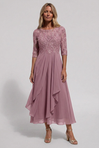 Midi Dress Dusty Blue Lace Bodice Chiffon Women's – Wedding Guest, Occasion Formalwear