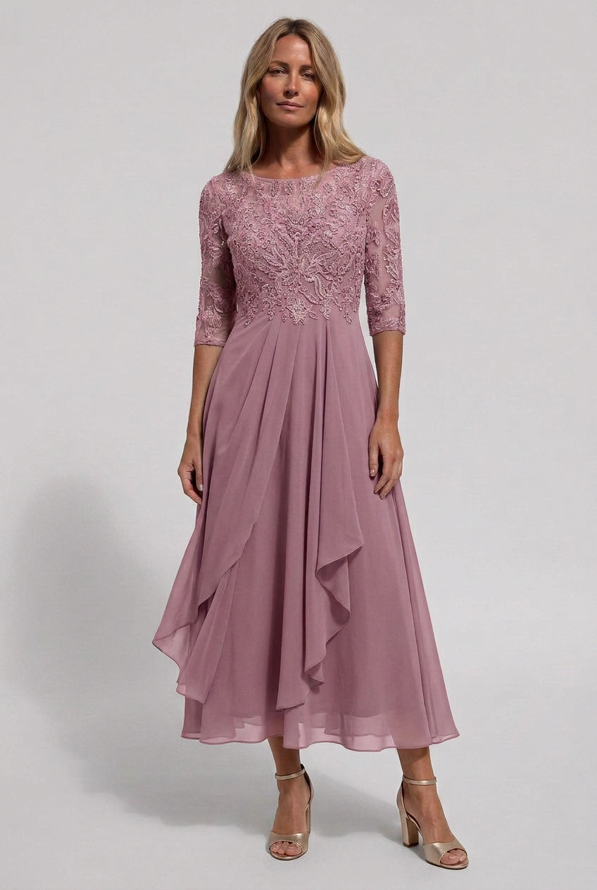 Midi Dress Dusty Blue Lace Bodice Chiffon Women's – Wedding Guest, Occasion Formalwear