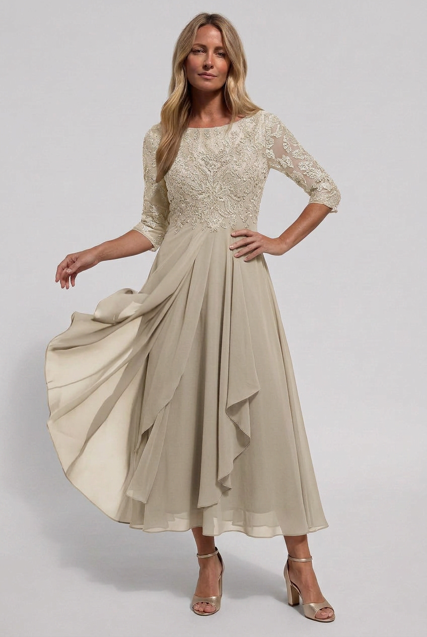 Midi Dress Dusty Blue Lace Bodice Chiffon Women's – Wedding Guest, Occasion Formalwear