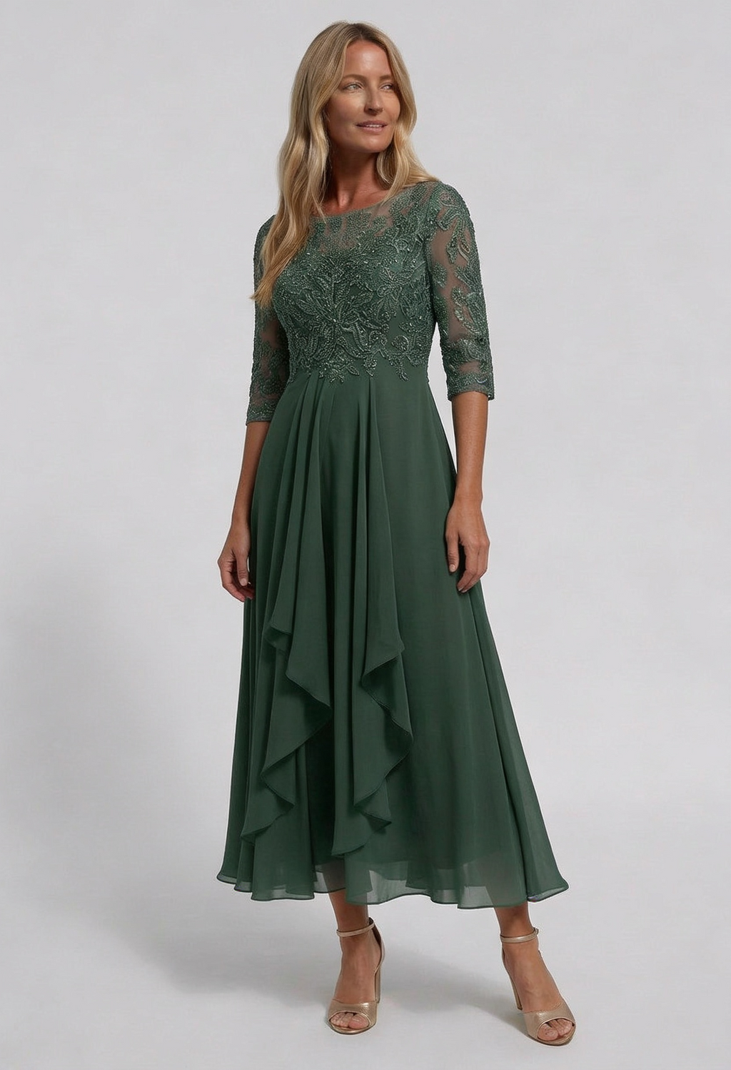 Midi Dress Dusty Blue Lace Bodice Chiffon Women's – Wedding Guest, Occasion Formalwear