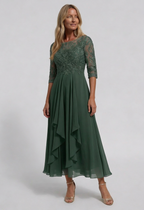 Midi Dress Dusty Blue Lace Bodice Chiffon Women's – Wedding Guest, Occasion Formalwear