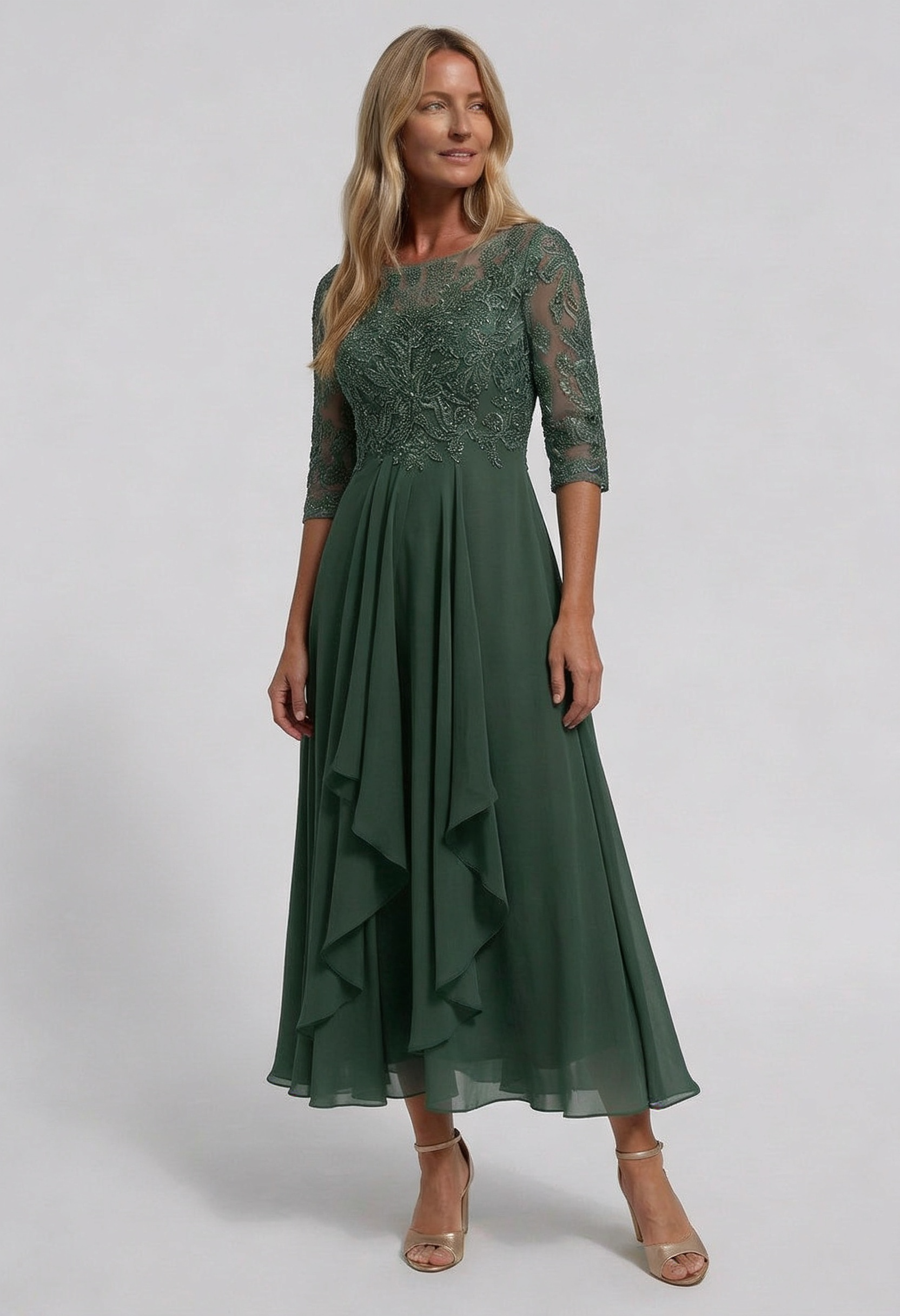 Midi Dress Dusty Blue Lace Bodice Chiffon Women's – Wedding Guest, Occasion Formalwear
