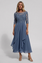 Midi Dress Dusty Blue Lace Bodice Chiffon Women's – Wedding Guest, Occasion Formalwear