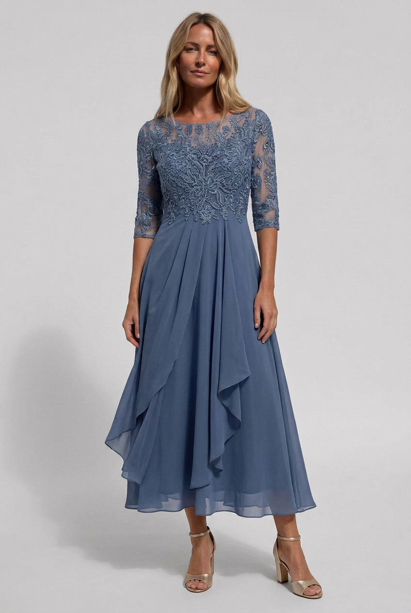 Midi Dress Dusty Blue Lace Bodice Chiffon Women's – Wedding Guest, Occasion Formalwear