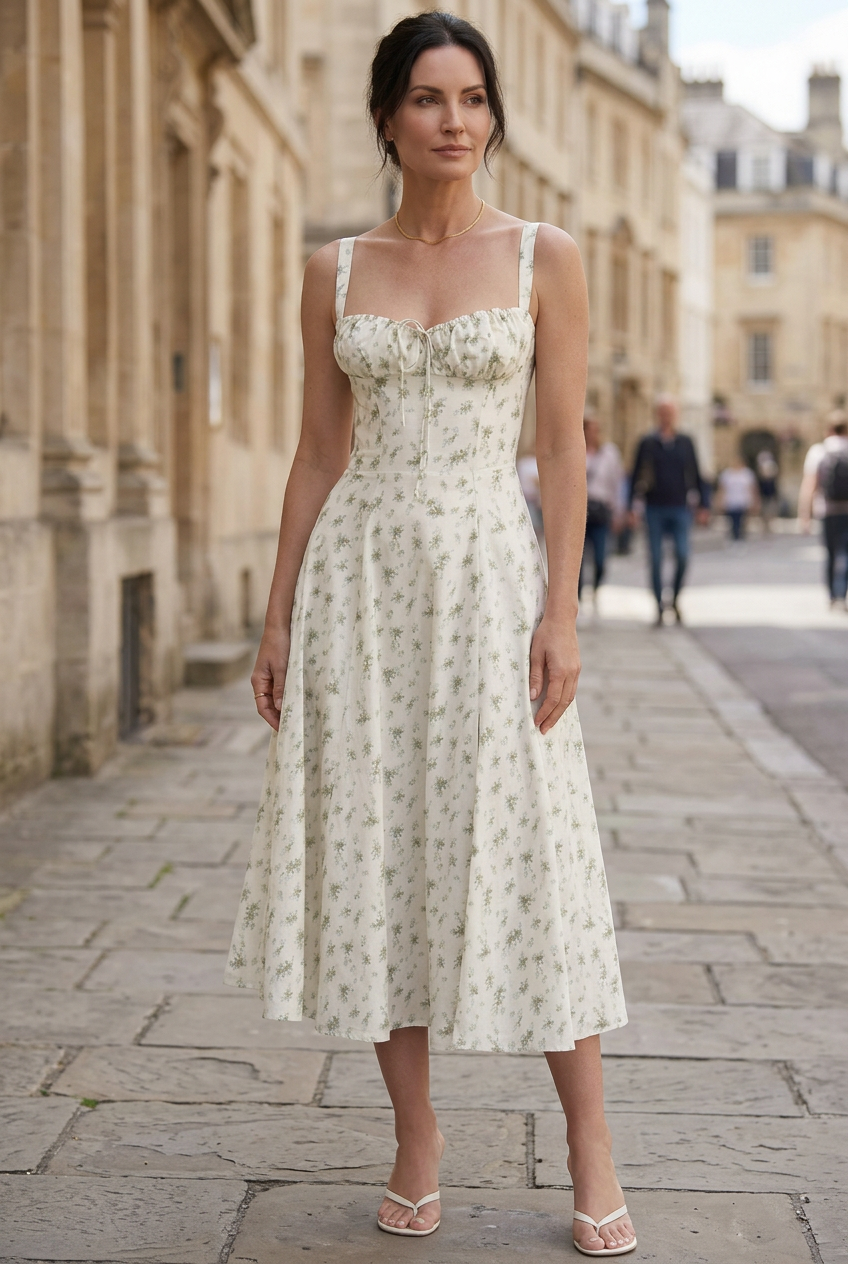 Midi Dress Floral Ivory Women's Sweetheart Neck Sleeveless – Summer, Casual, Holiday, Office, Gift
