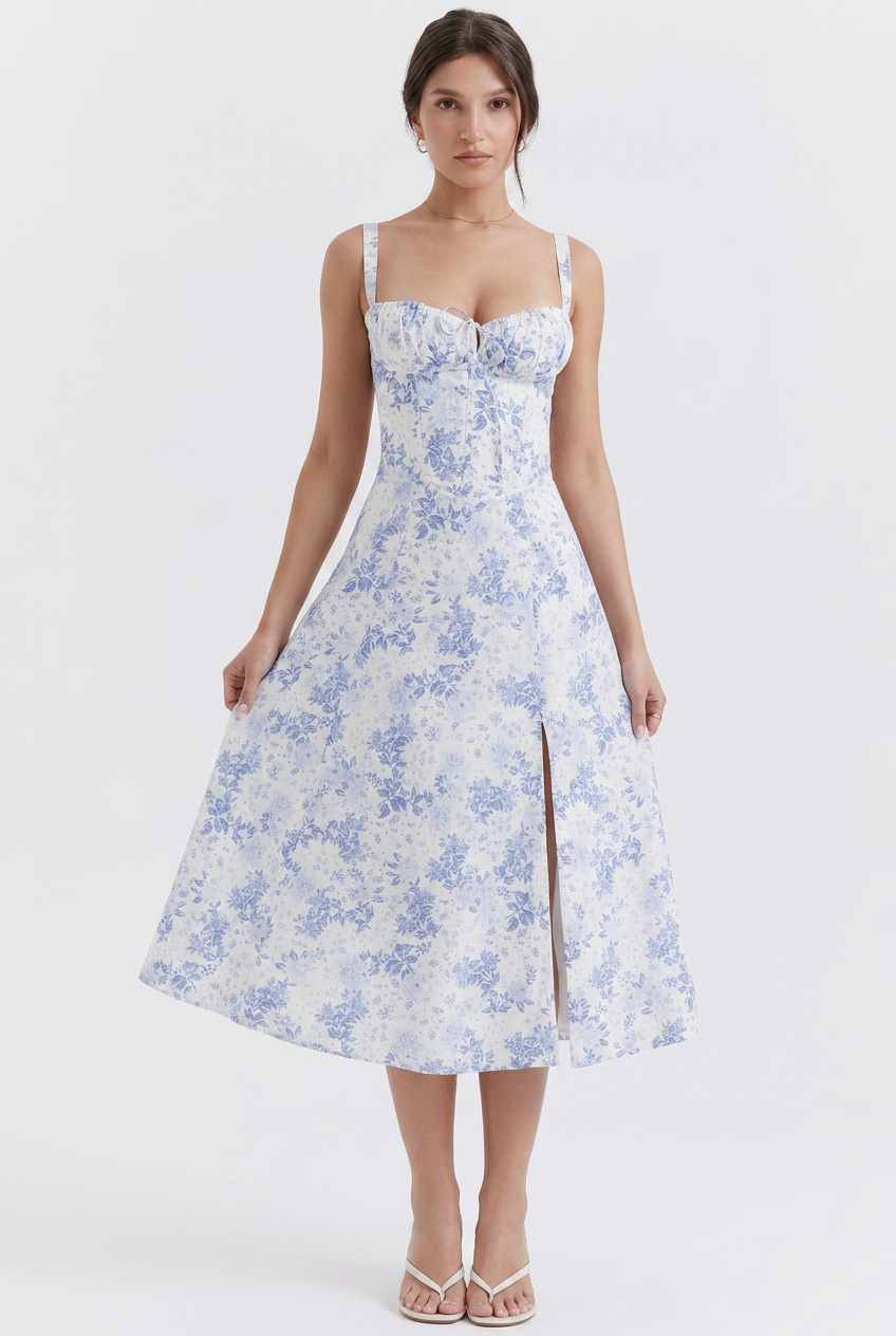 Midi Dress Floral Ivory Women's Sweetheart Neck Sleeveless – Summer, Casual, Holiday, Office, Gift