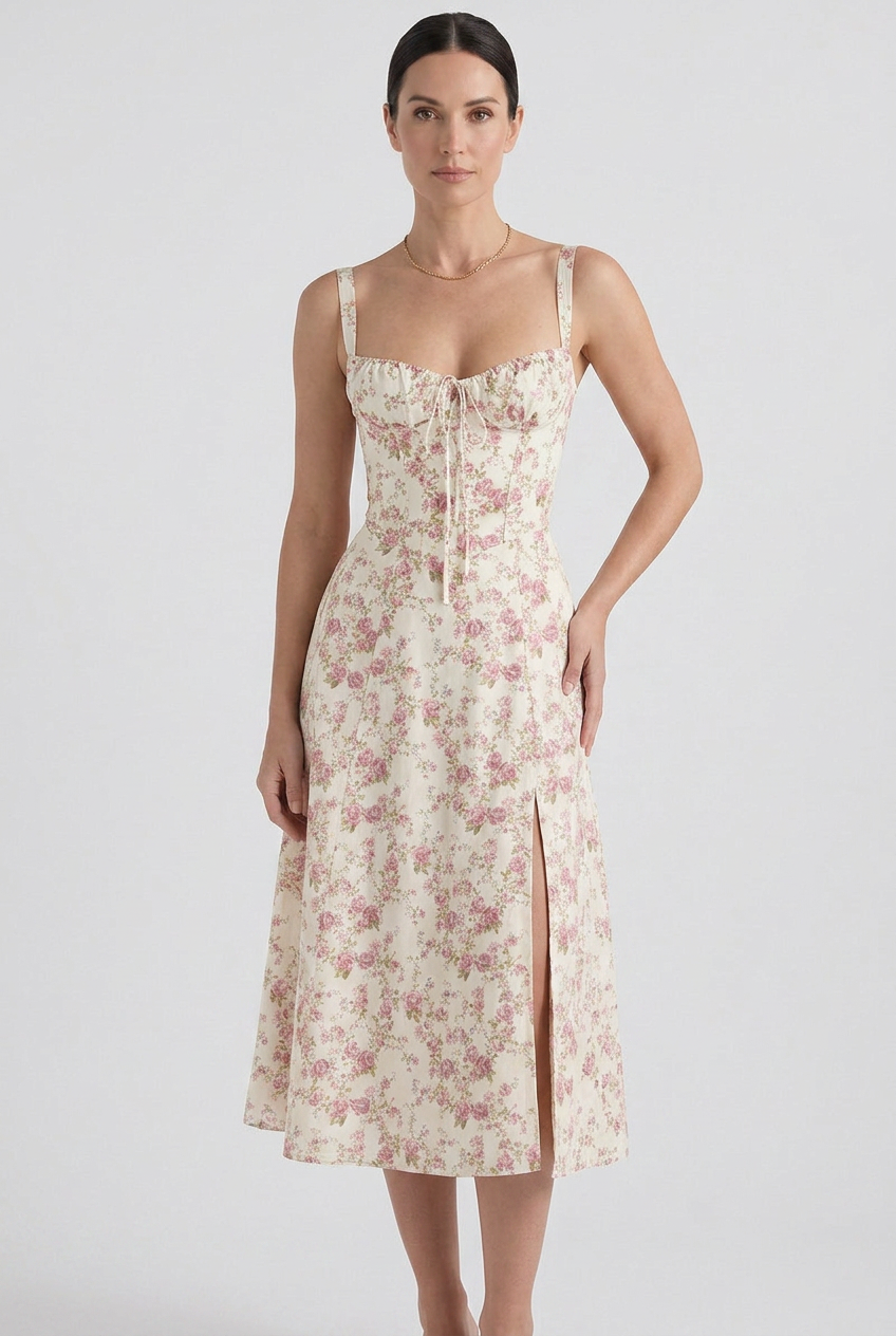 Midi Dress Floral Ivory Women's Sweetheart Neck Sleeveless – Summer, Casual, Holiday, Office, Gift