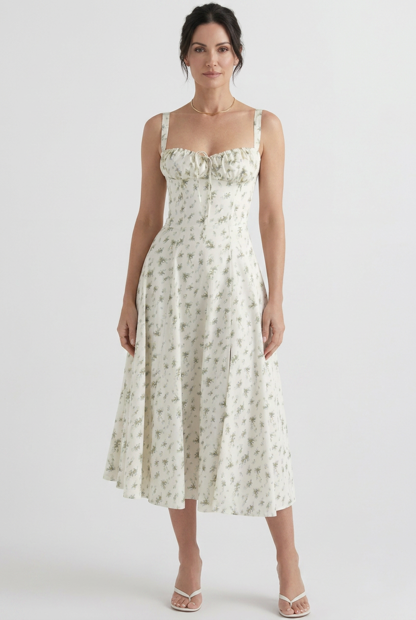 Midi Dress Floral Ivory Women's Sweetheart Neck Sleeveless – Summer, Casual, Holiday, Office, Gift
