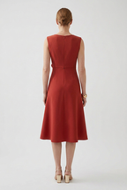 Midi Dress Rust Red Sleeveless Women's Draped Asymmetric – Prom, Office, Wedding Guest, Holiday