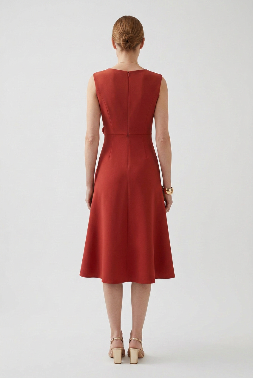 Midi Dress Rust Red Sleeveless Women's Draped Asymmetric – Prom, Office, Wedding Guest, Holiday