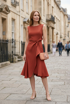 Midi Dress Rust Red Sleeveless Women's Draped Asymmetric – Prom, Office, Wedding Guest, Holiday