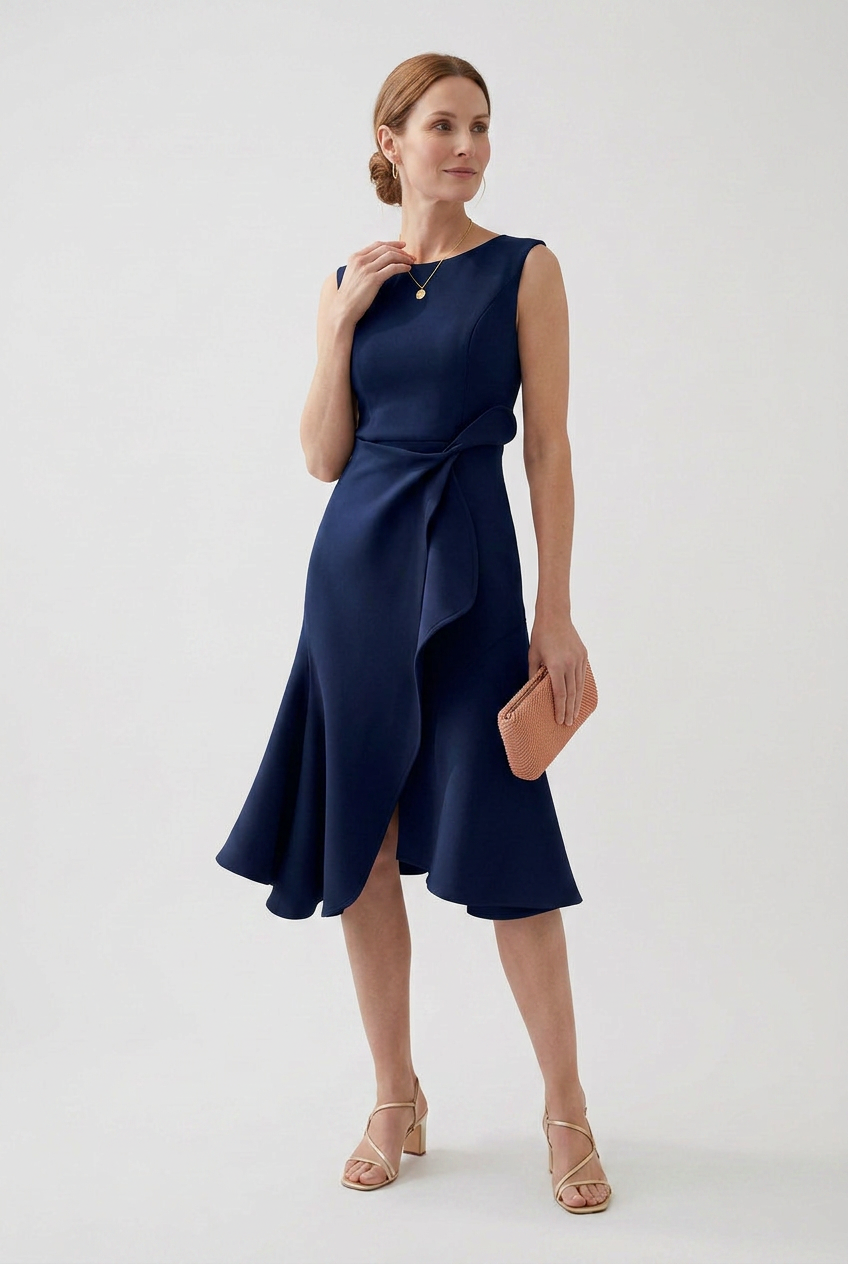 Midi Dress Rust Red Sleeveless Women's Draped Asymmetric – Prom, Office, Wedding Guest, Holiday
