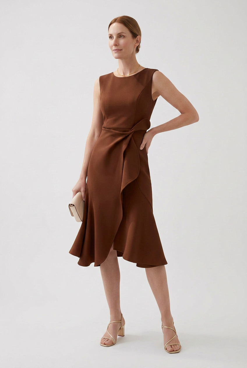 Midi Dress Rust Red Sleeveless Women's Draped Asymmetric – Prom, Office, Wedding Guest, Holiday