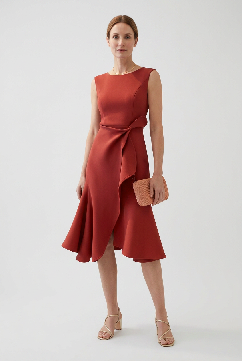 Midi Dress Rust Red Sleeveless Women's Draped Asymmetric – Prom, Office, Wedding Guest, Holiday