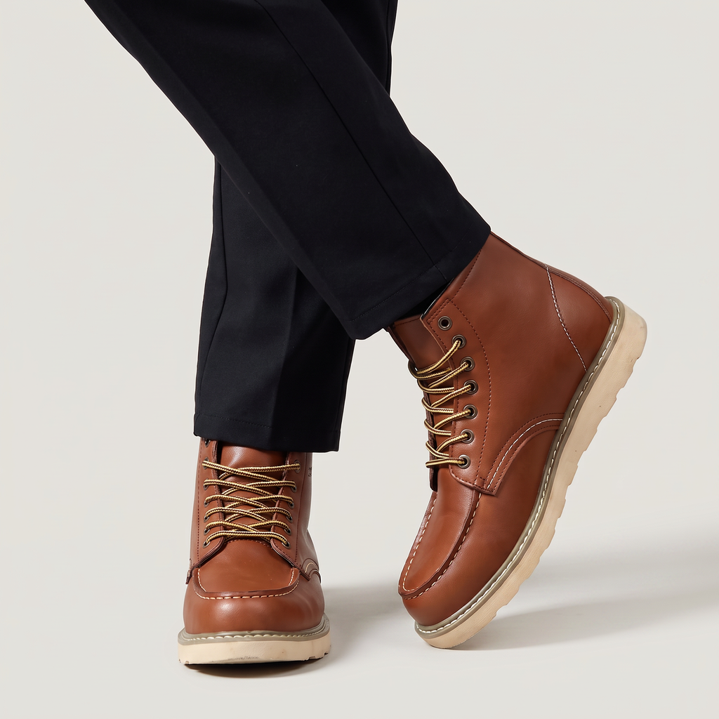 Moc Toe Ankle Boots Faux Leather Brown Men's Lace-Up – Casual, Work · Werune