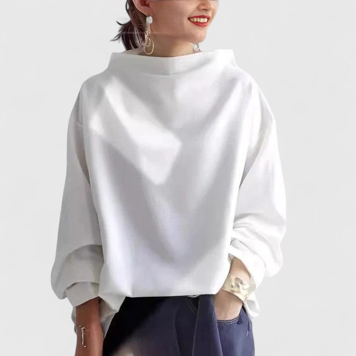 Mock Neck Sweatshirt Women's White Long Sleeve Pullover – Casual, Office · Werune