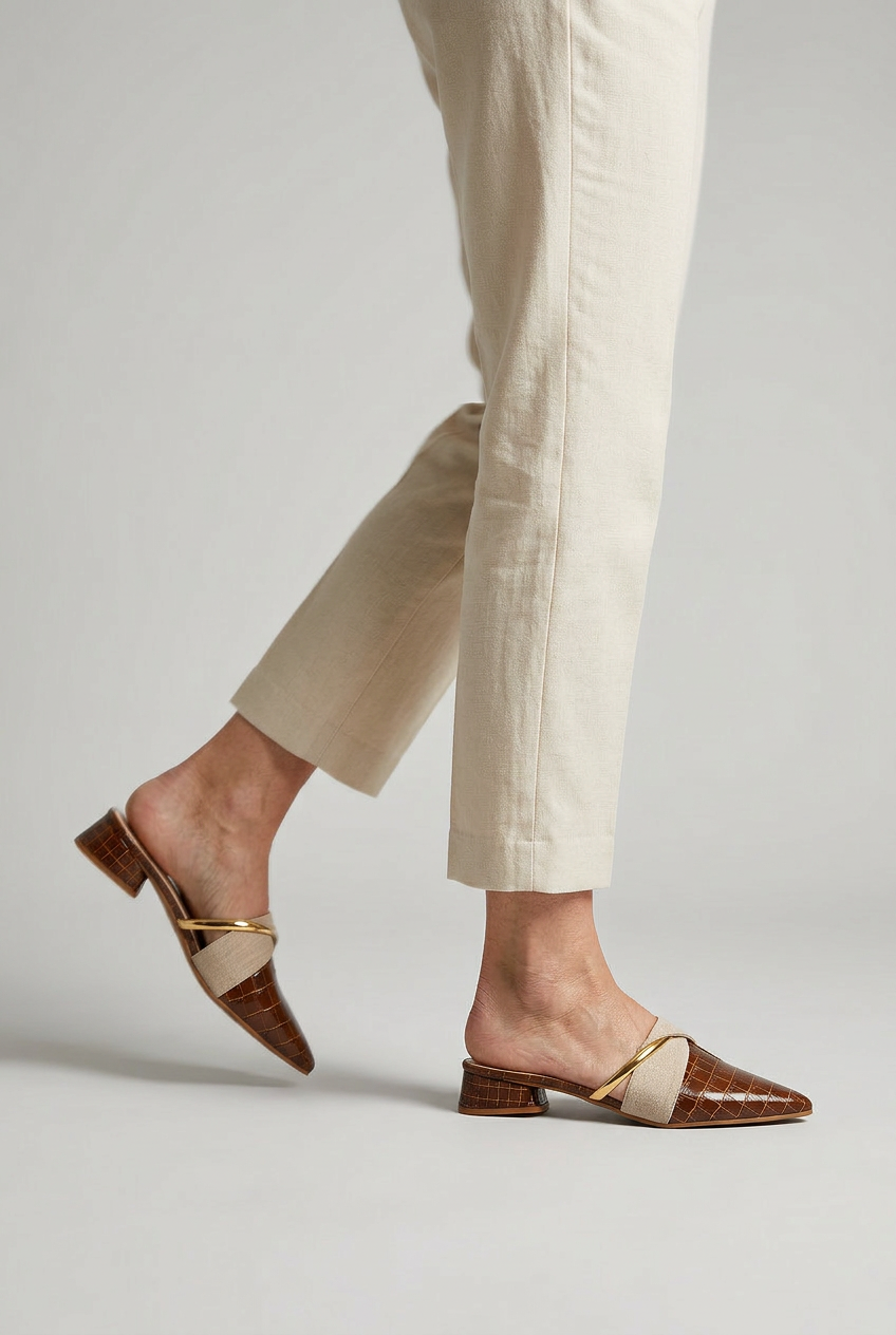 Mule Shoes Croc-Embossed Brown Pointed Toe Block Heel Women's – Office, Casual, Holiday, Gift