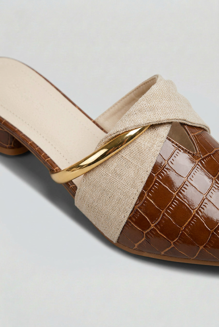 Mule Shoes Croc-Embossed Brown Pointed Toe Block Heel Women's – Office, Casual, Holiday, Gift