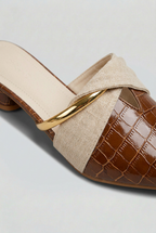 Mule Shoes Croc-Embossed Brown Pointed Toe Block Heel Women's – Office, Casual, Holiday, Gift
