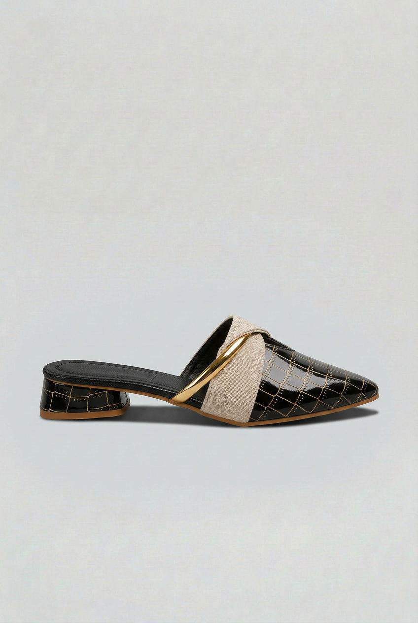 Mule Shoes Croc-Embossed Brown Pointed Toe Block Heel Women's – Office, Casual, Holiday, Gift
