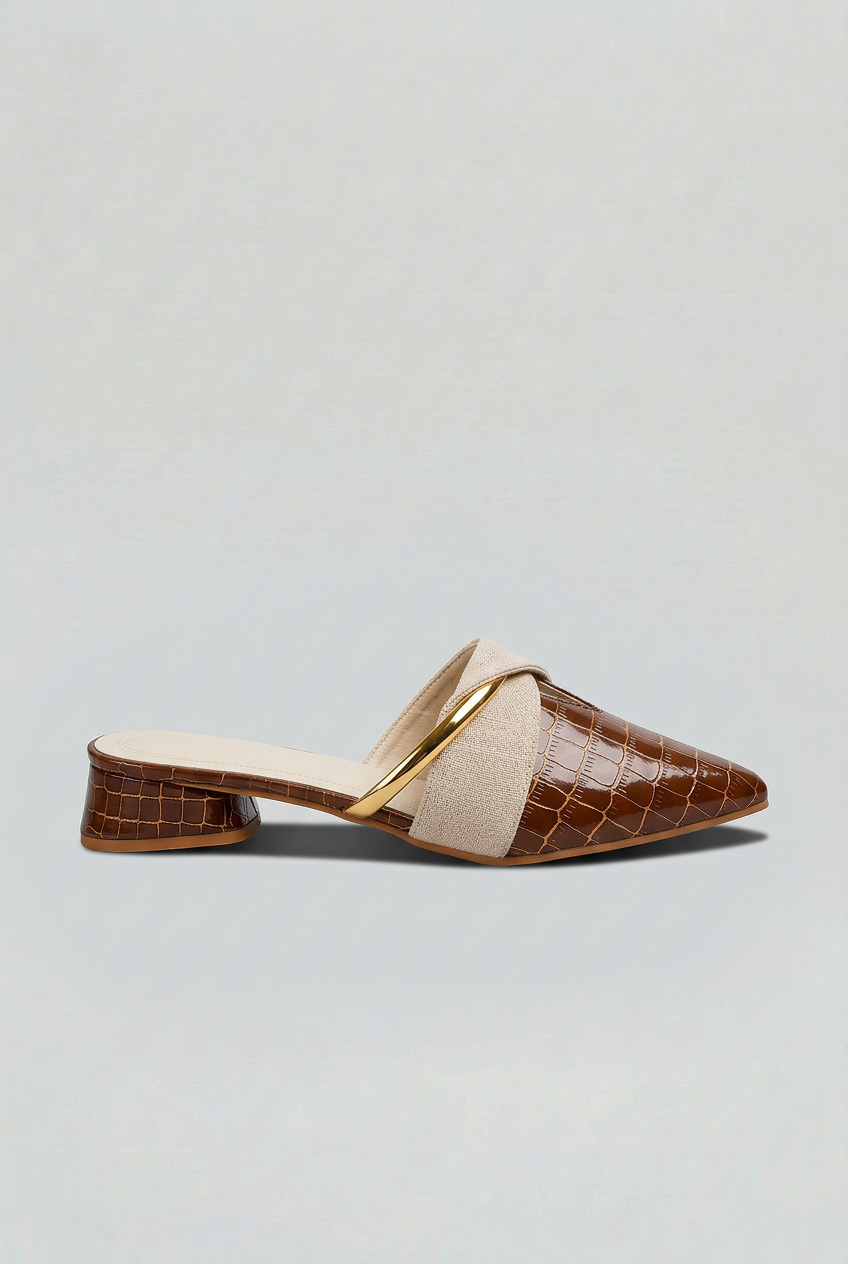 Mule Shoes Croc-Embossed Brown Pointed Toe Block Heel Women's – Office, Casual, Holiday, Gift