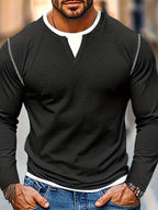 Notch-Neck Henley Shirt Long Sleeve Black Men's Top – Casual, Office, Everyday Layering
