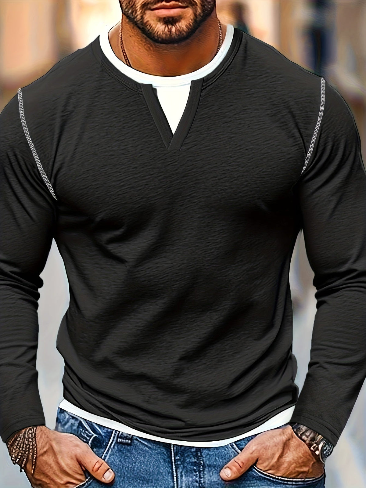 Notch-Neck Henley Shirt Long Sleeve Black Men's Top – Casual, Office, Everyday Layering