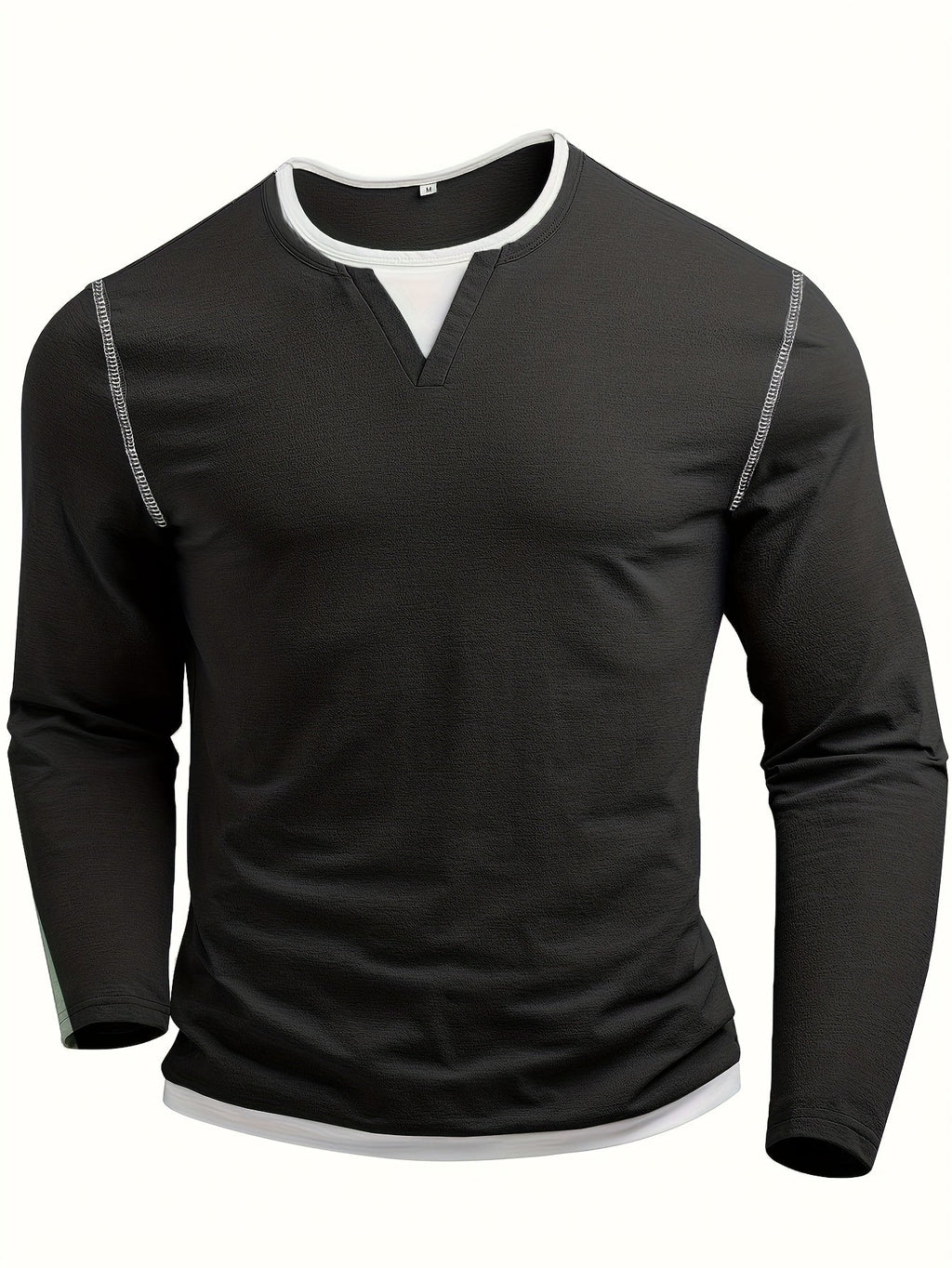 Notch-Neck Henley Shirt Long Sleeve Black Men's Top – Casual, Office, Everyday Layering