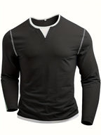 Notch-Neck Henley Shirt Long Sleeve Black Men's Top – Casual, Office, Everyday Layering