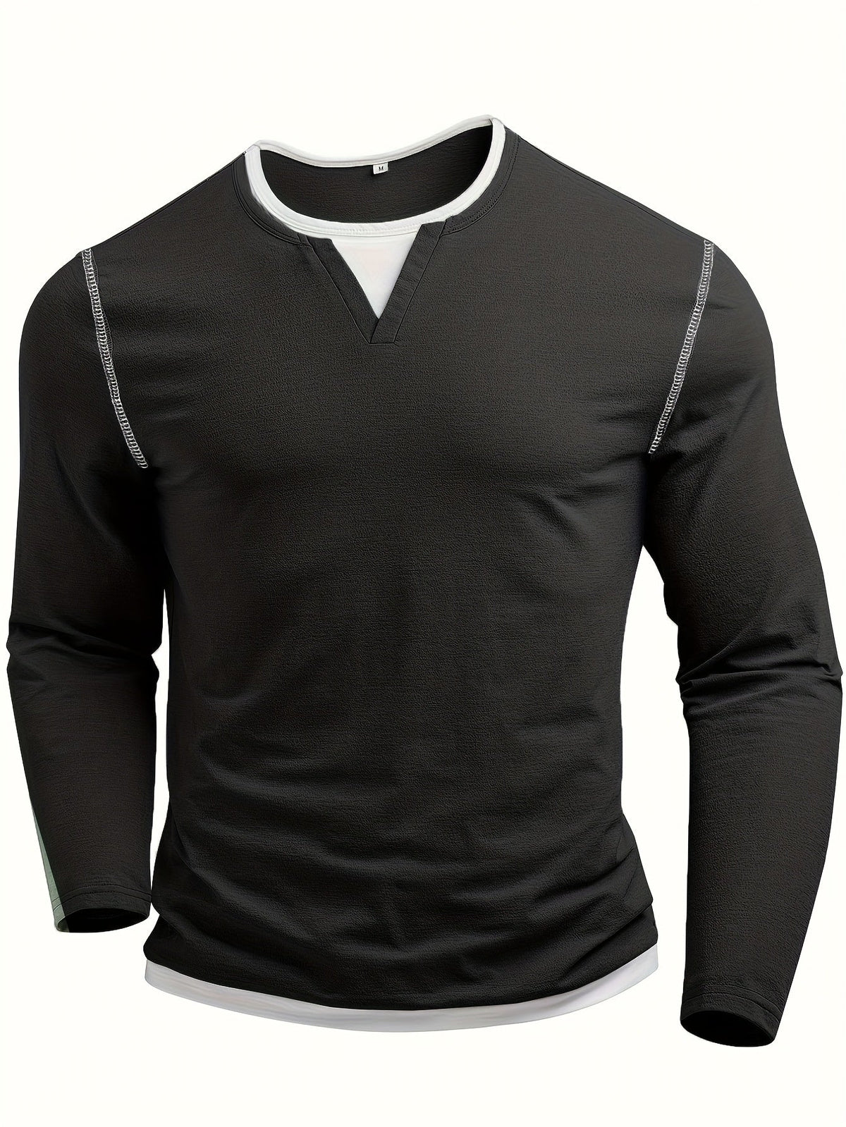 Notch-Neck Henley Shirt Long Sleeve Black Men's Top – Casual, Office, Everyday Layering