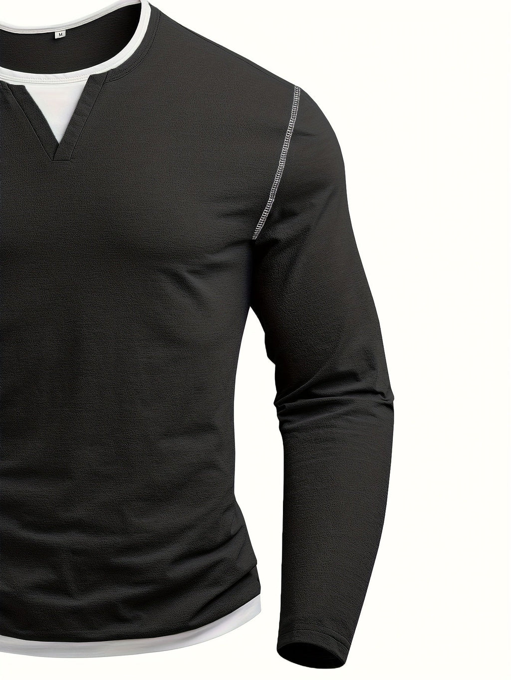 Notch-Neck Henley Shirt Long Sleeve Black Men's Top – Casual, Office, Everyday Layering