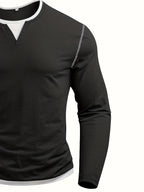 Notch-Neck Henley Shirt Long Sleeve Black Men's Top – Casual, Office, Everyday Layering