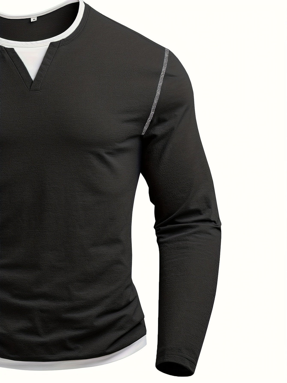 Notch-Neck Henley Shirt Long Sleeve Black Men's Top – Casual, Office, Everyday Layering