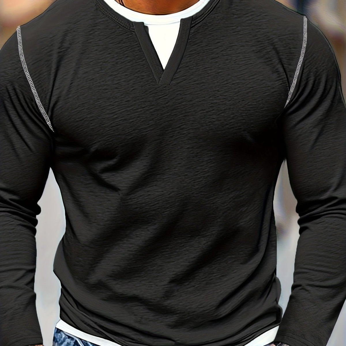 Notch-Neck Henley Shirt Long Sleeve Black Men's Top – Casual, Office, Everyday Layering