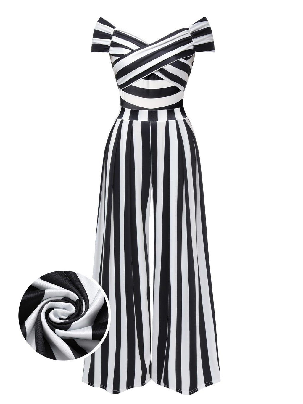 Off-Shoulder Jumpsuit Black White Striped Wide-Leg Women's – Party, Holiday, Casual Retro Outfit