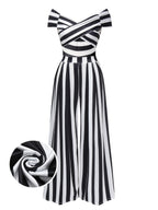 Off-Shoulder Jumpsuit Black White Striped Wide-Leg Women's – Party, Holiday, Casual Retro Outfit