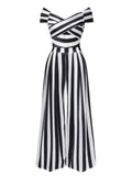 Off-Shoulder Jumpsuit Black White Striped Wide-Leg Women's – Party, Holiday, Casual Retro Outfit